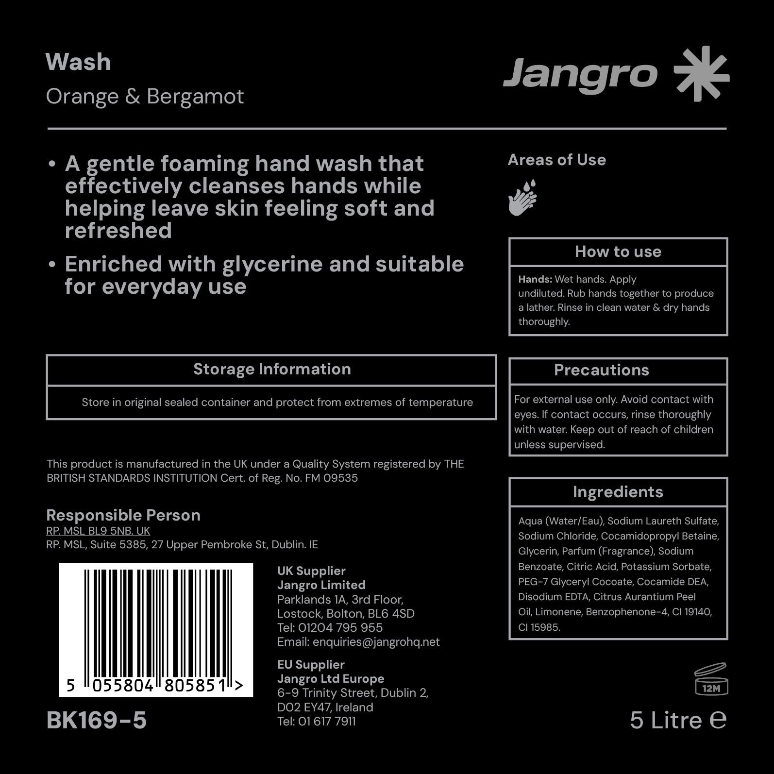 Jangro Orange & Bergamot Hand Wash 5 litre