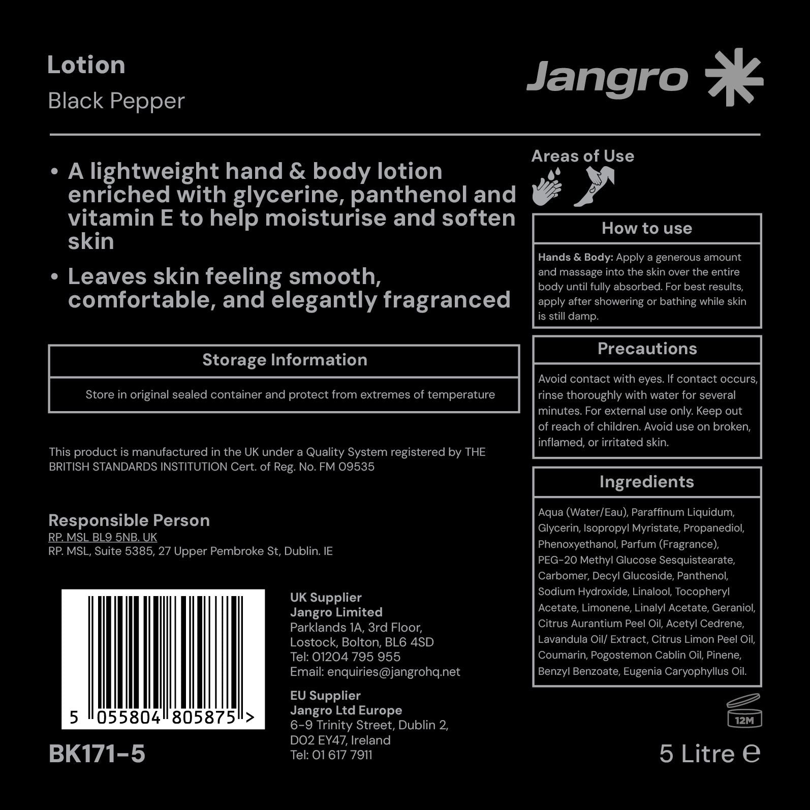 Jangro Black Pepper Hand & Body Lotion 5 litre