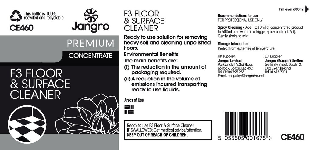 Jangro Premium F3 Floor and Surface Cleaner - Concentrate - Empty Bottle