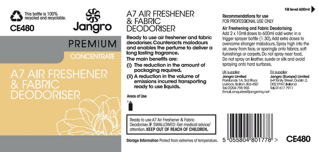 Jangro Premium A7 Air Freshener and Fabric Deodoriser - Concentrate - Empty Bottle
