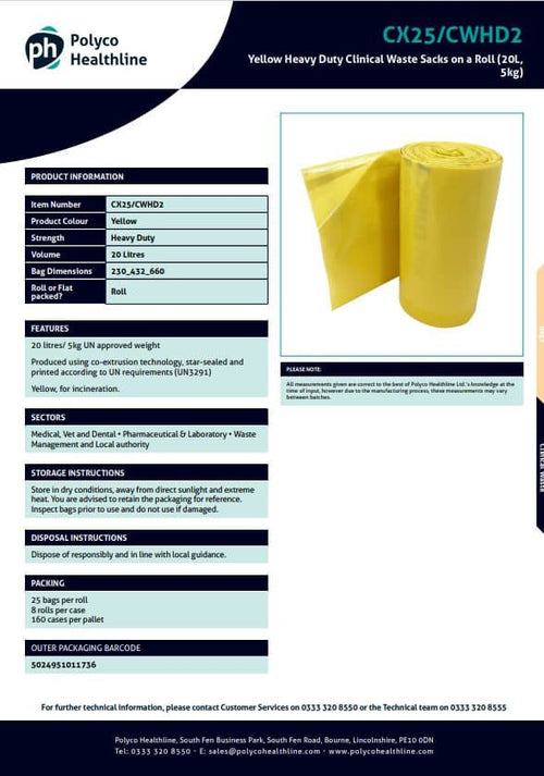 Clinical Heavy Duty Waste Sacks - 20L / 5kg - Yellow