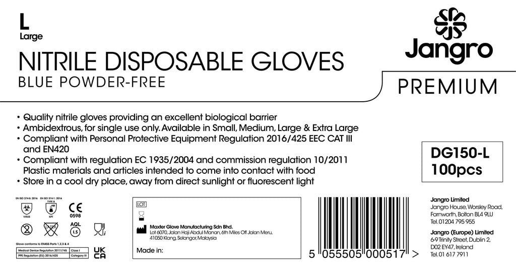 Jangro Premium Nitrile Disposable Powder Free Gloves - Large - Blue
