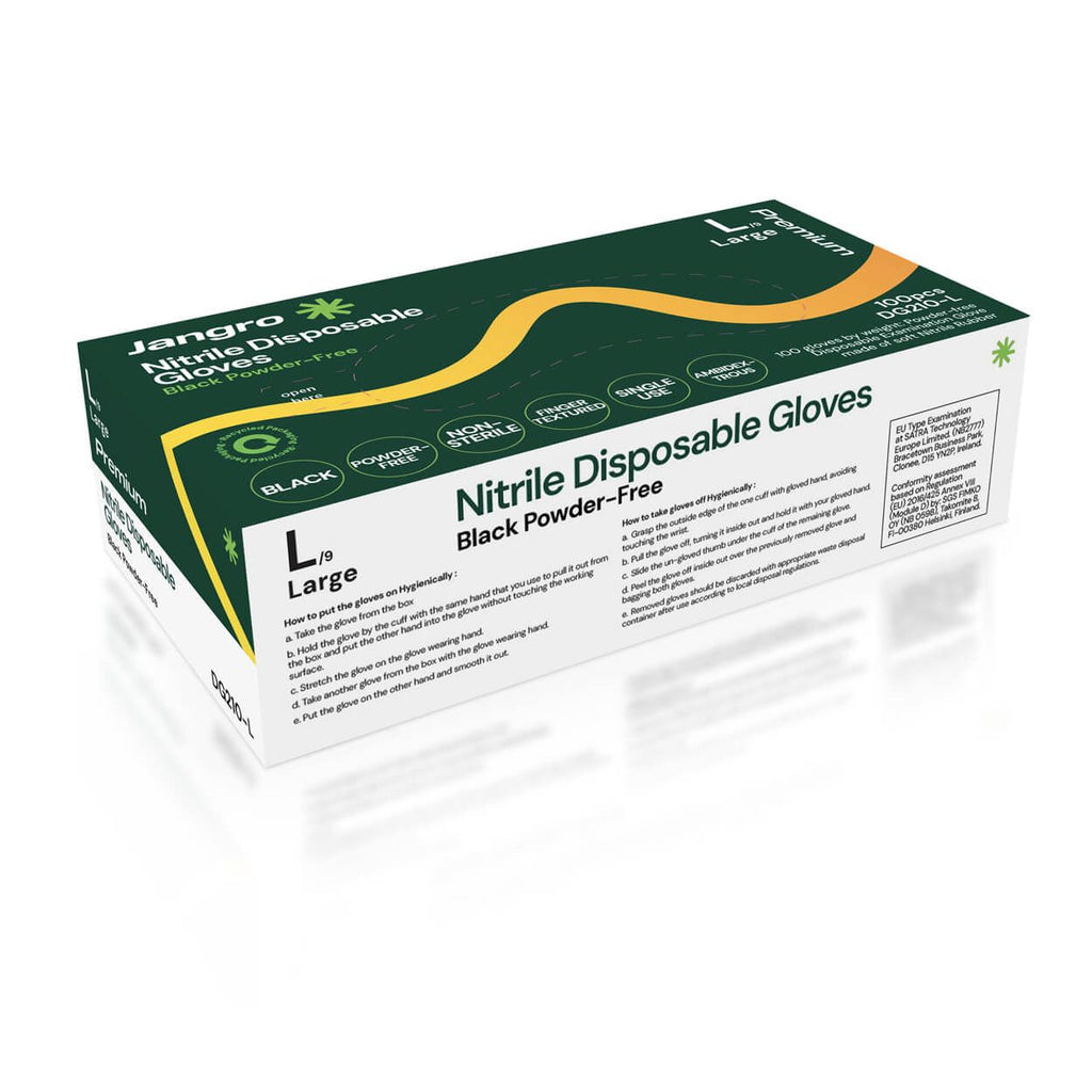 Jangro Premium Nitrile Examination Gloves, Powder Free, Black - L