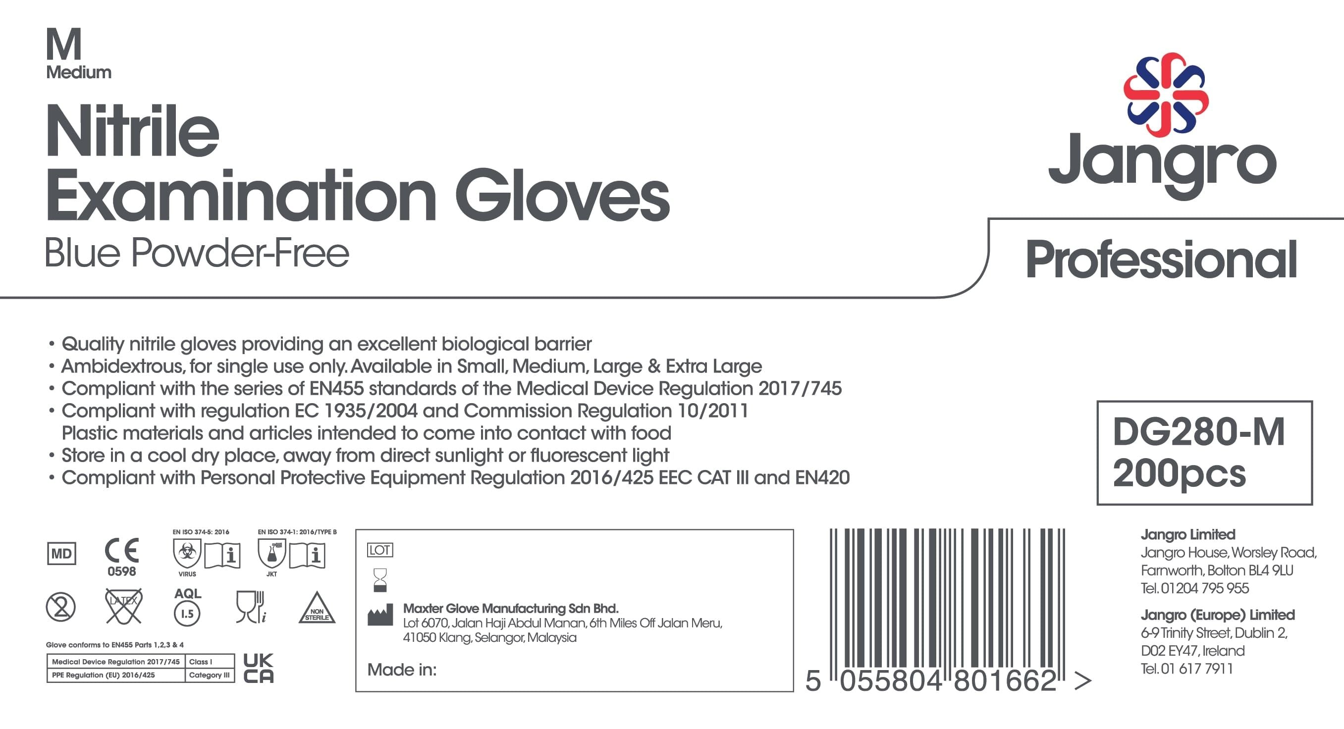Jangro Professional Nitrile Disposable Powder Free Gloves - Medium - Blue