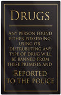 Drugs Policy Rigid Sign - Rounded Corners - Black / Gold