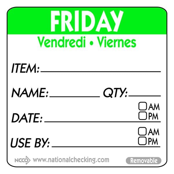 Removable Trilingual Day / Use By Labels - Friday
