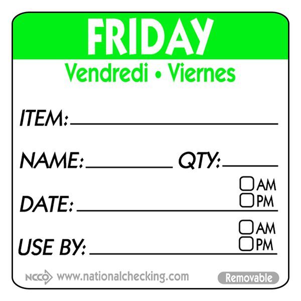 Removable Trilingual Day / Use By Labels - Friday