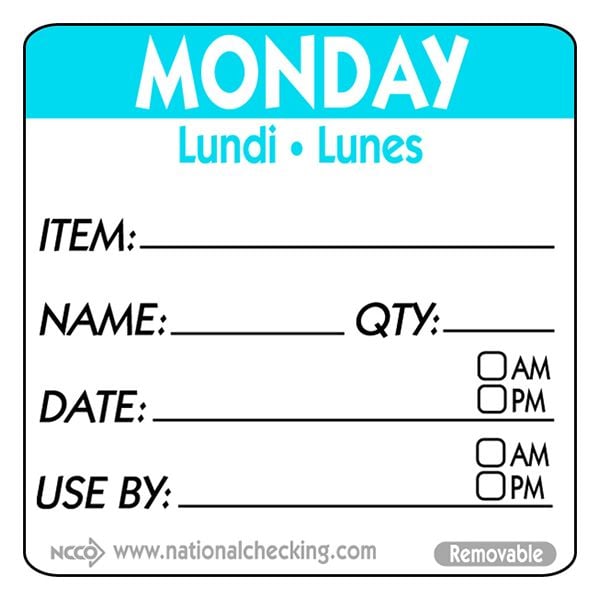 Removable Trilingual Day / Use By Labels - Monday
