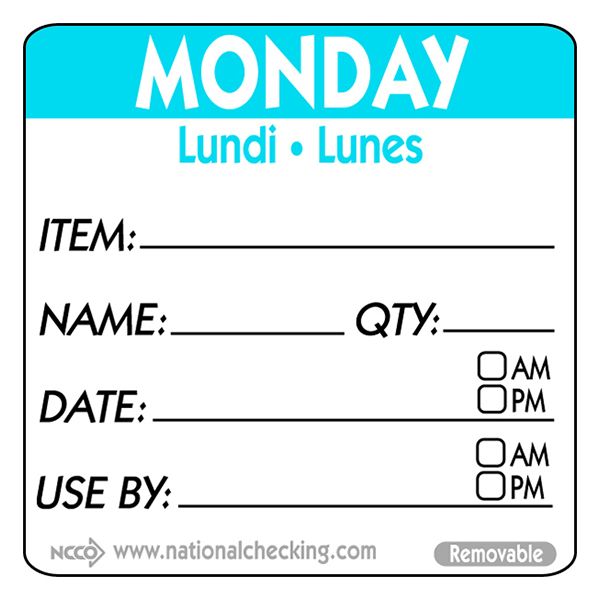 Removable Trilingual Day / Use By Labels - Monday