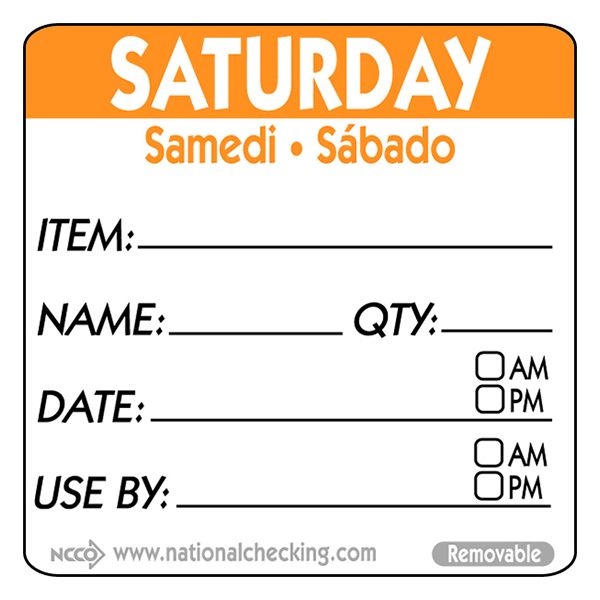 Removable Trilingual Day / Use By Labels - Saturday