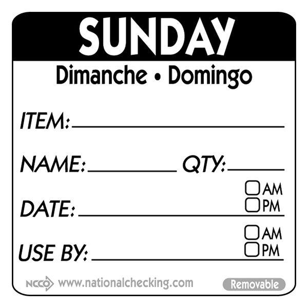 Removable Trilingual Day / Use By Labels - Sunday