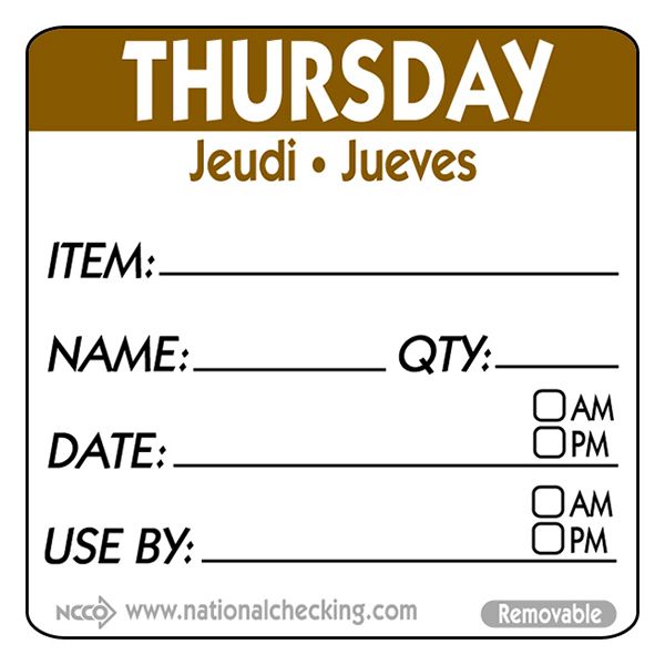 Removable Trilingual Day / Use By Labels - Thursday