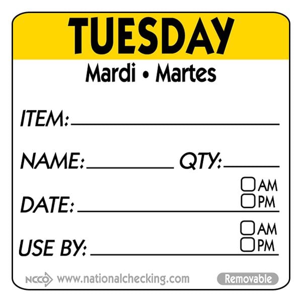 Removable Trilingual Day / Use By Labels - Tuesday