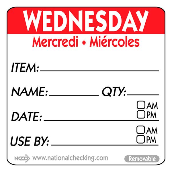 Removable Trilingual Day / Use By Labels - Wednesday