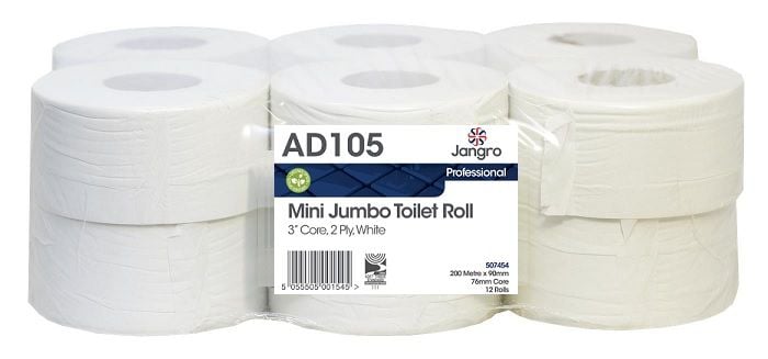 Jangro 2 Ply Mini Jumbo Toilet Rolls - 3" - White