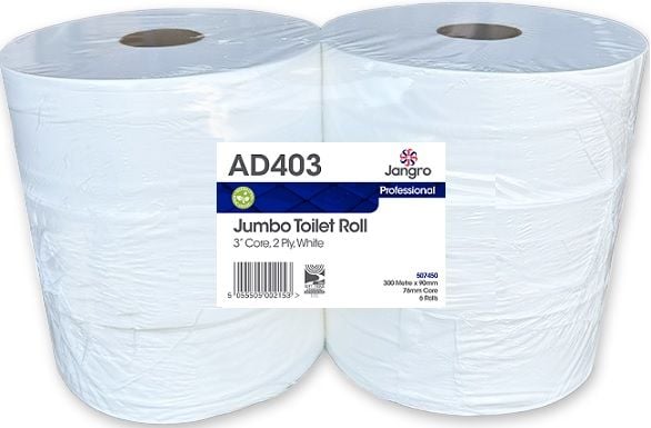 Jangro 2 Ply Jumbo Toilet Rolls - 7.6cm - White