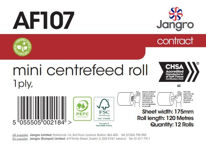 Jangro 1 Ply Mini Centrefeed Rolls - White