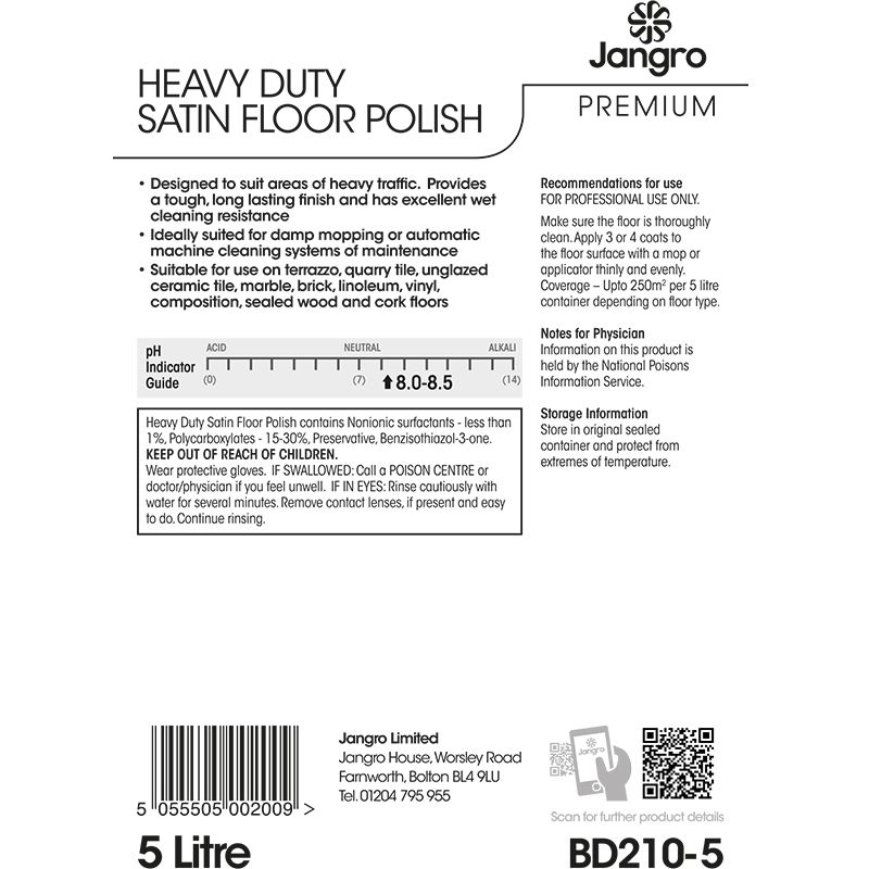 Jangro Premium Heavy Duty Satin Floor Polish - 5L
