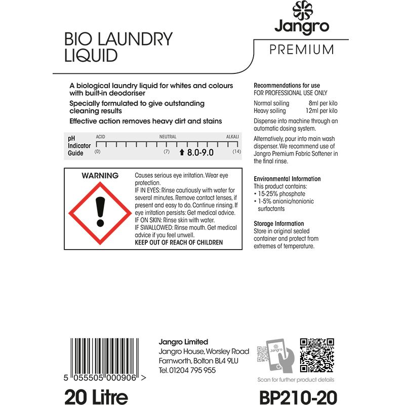 Jangro Premium Bio Laundry Liquid - 20L