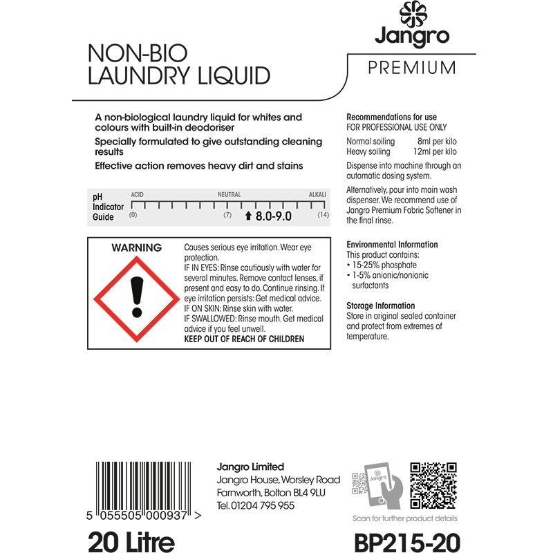 Jangro Premium Non-Bio Laundry Liquid - 20L