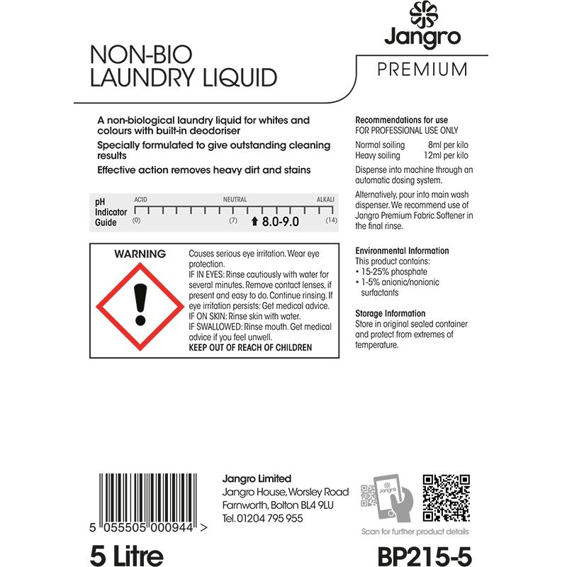 Jangro Premium Non-Bio Laundry Liquid - 5L