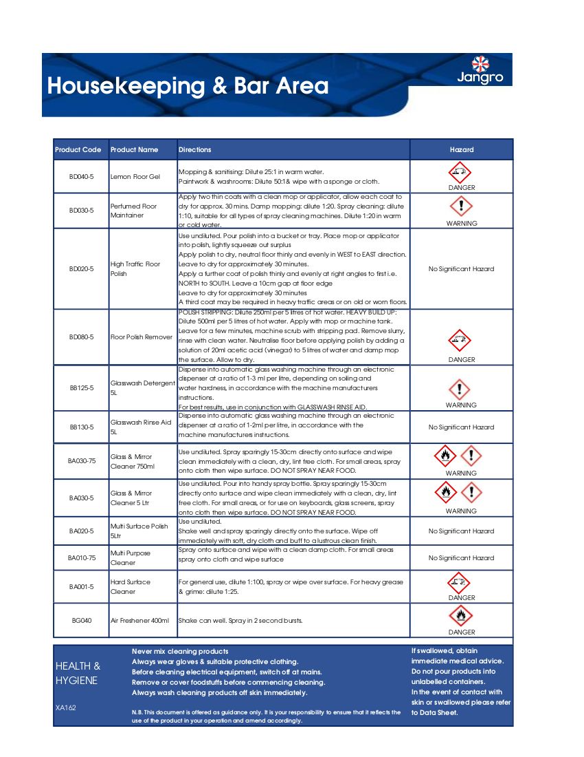 Jangro Housekeeping Cleaning Schedule Wall Chart - A3
