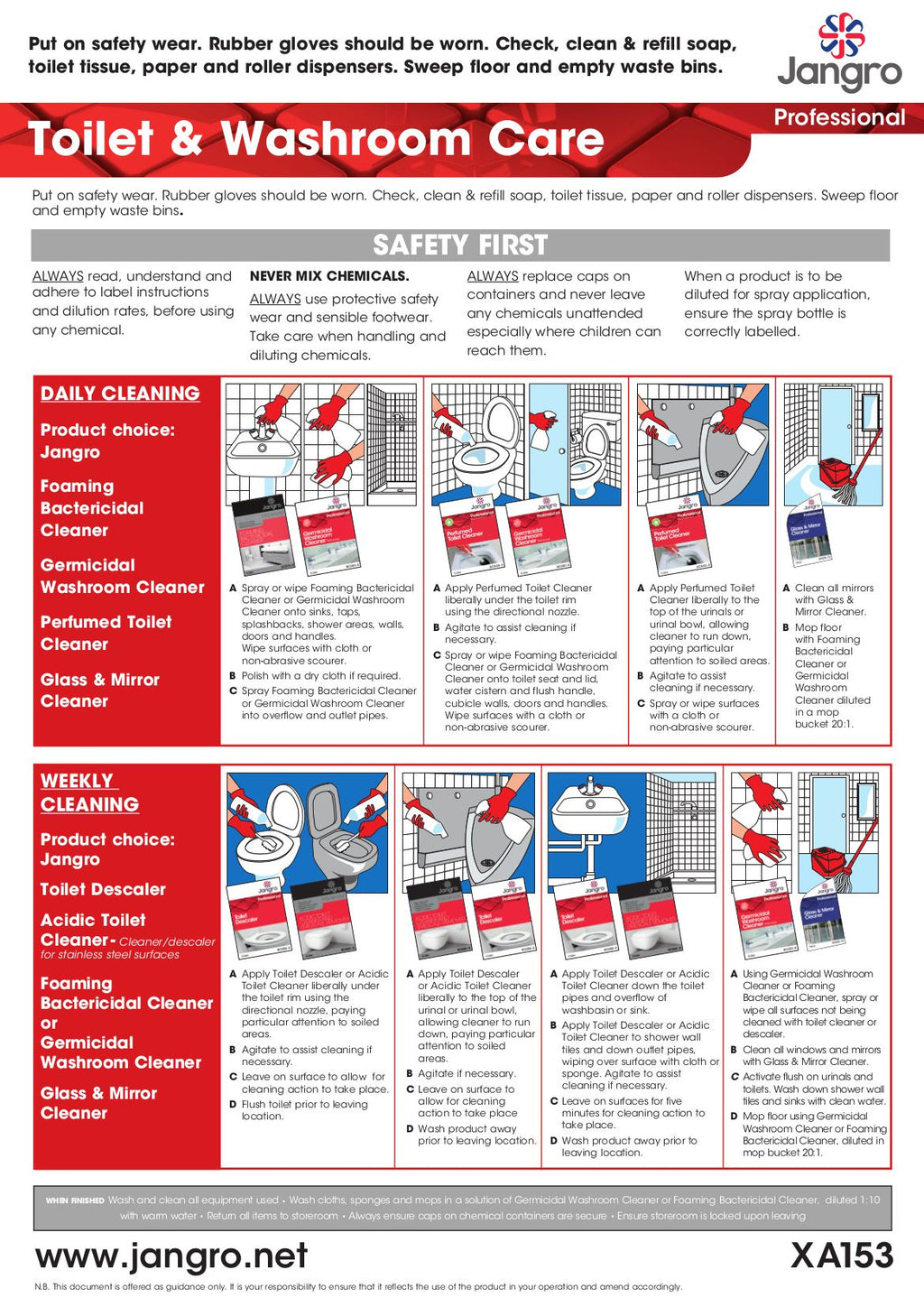 Jangro Professional Toilet & Washroom Care Wall Chart - A3