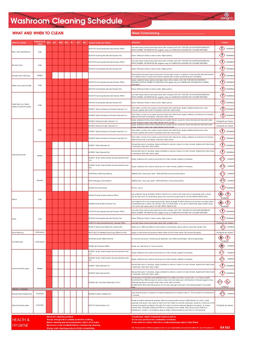 Jangro Washroom Cleaning Schedule Wall Chart - A3